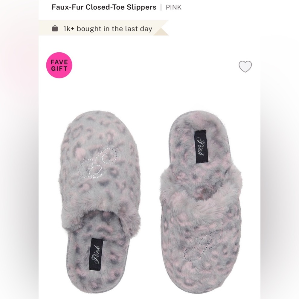 PINK Victoria’s Secret Faux Fur Slippers Leopard Gray Pink NWT Size L Cozy Plush